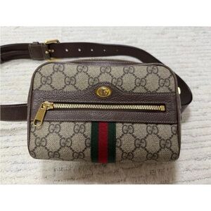Gucci Beige Monogram Belt Bag with Red and Green Accents